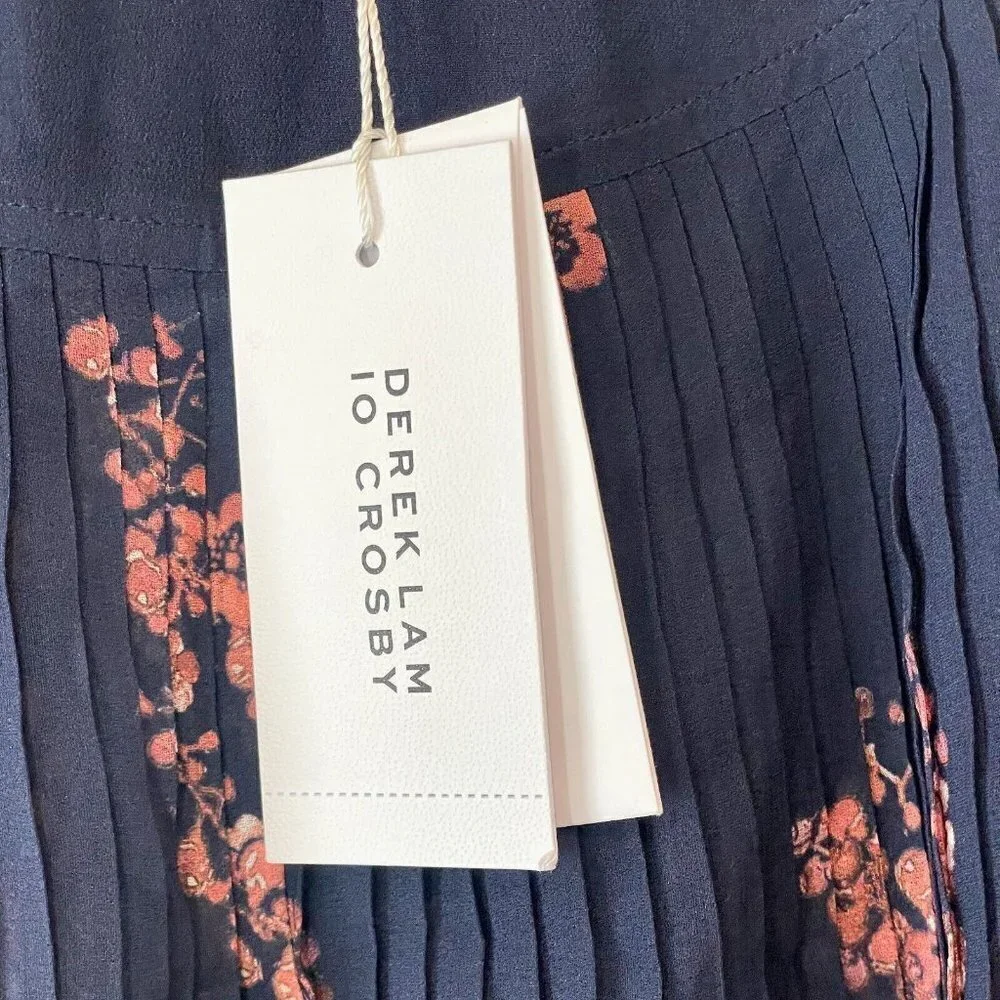 Derek Lam 10 Crosby‎ Pleated Mini Floral Skirt Womens 00 Navy Blue Tiered NEW